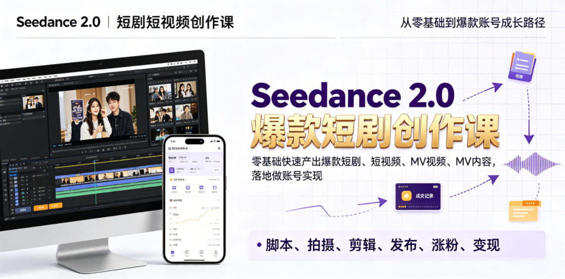 Seedance 2.0短剧短视频创作课，零基础快速产出爆款短剧、短视频、MV内容，落地做账号实现变现-dabaowz