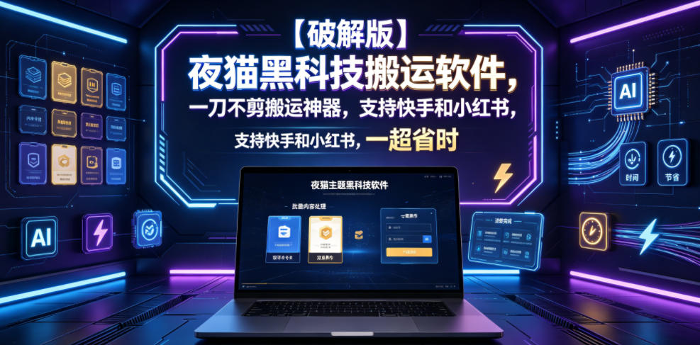 【破解版】夜猫黑科技搬运软件，一刀不剪搬运神器，支持快手和小红书，一键搬运超省时！-dabaowz