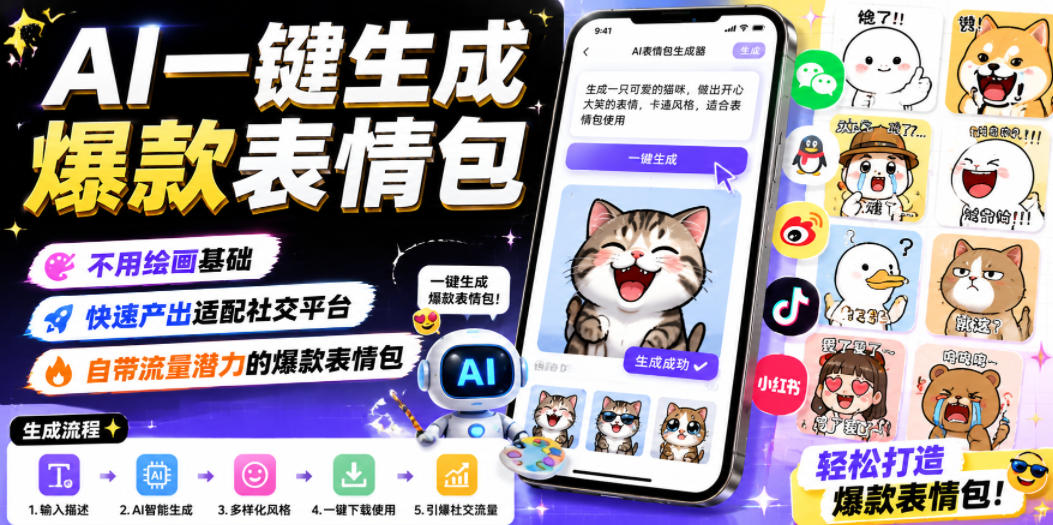 AI一键生成爆款表情包，不用绘画基础，快速产出适配社交平台，自带流量潜力的爆款表情包-dabaowz