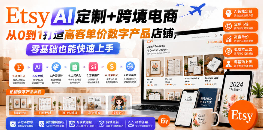 Etsy AI定制+跨境电商，从0到1打造高客单价数字产品店铺，零基础也能快速上手-dabaowz