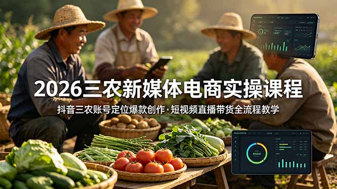 2026三农新媒体电商实操课程：抖音三农账号定位爆款创作，短视频直播带货全流程教学-dabaowz