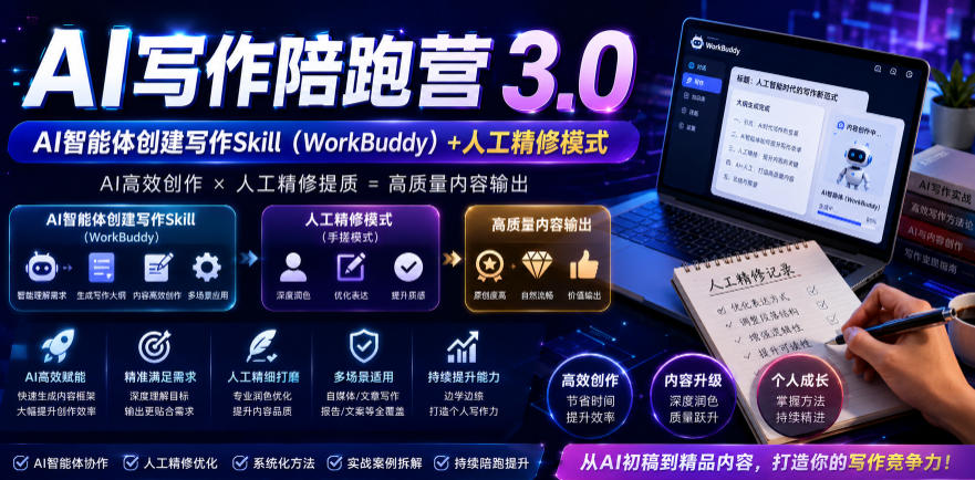 AI写作陪跑营3.0，Ai智能体创建写作skill(workbuddy)+人工手写模式(手搓模式)，去除AI痕迹(头条号、公众号、百家号)-dabaowz
