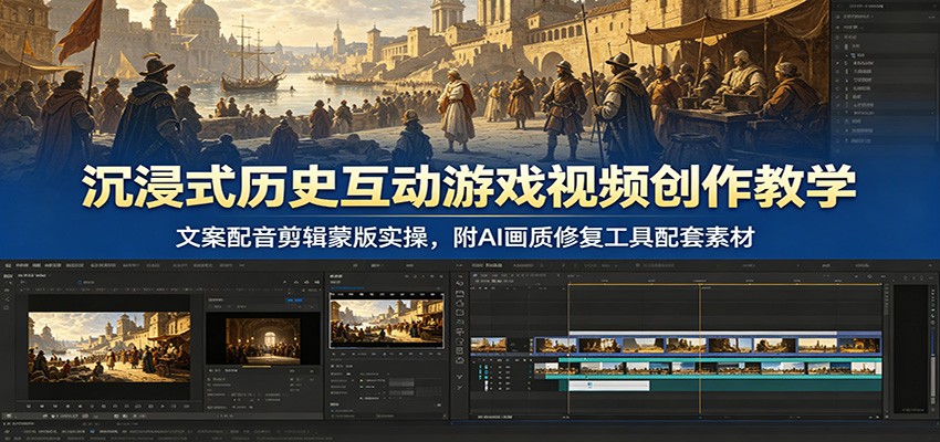 沉浸式历史互动游戏视频创作教学：文案配音剪辑蒙版实操，附AI画质修复工具配套素材-dabaowz