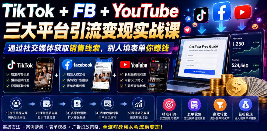 TikTok+FB+YouTube三大平台引流变现实战课，通过社交媒体获取销售线索，别人填表单你賺钱【原创双语字幕】-dabaowz