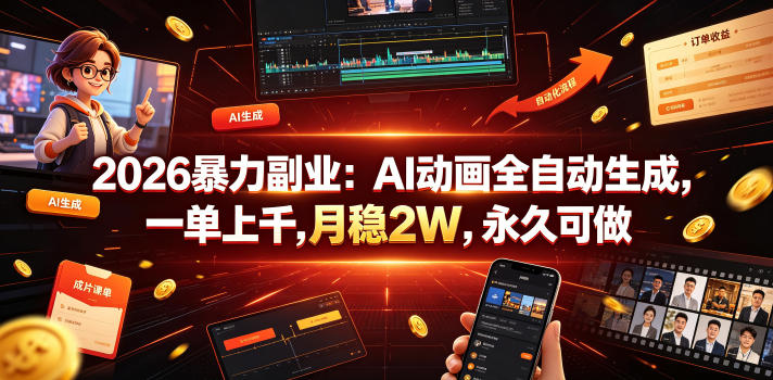 2026暴力副业：AI动画全自动生成，一单上千，月稳2W，永久可做【揭秘】-dabaowz