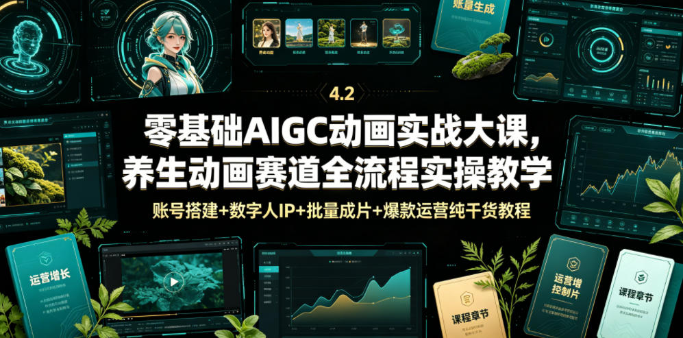 零基础AIGC动画实战大课，养生动画赛道全流程实操教学，账号搭建+数字人IP+批量成片+爆款运营纯干货教程-dabaowz