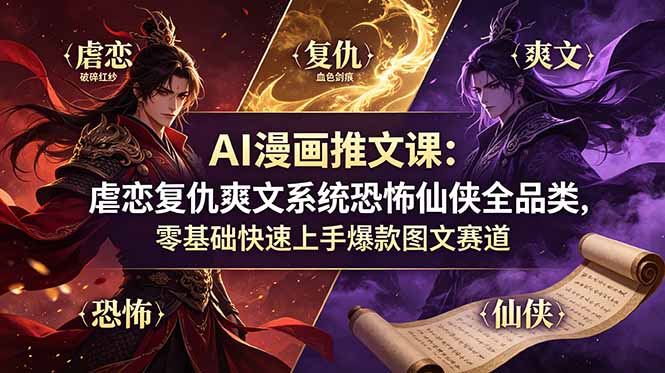 AI漫画推文课：虐恋复仇爽文系统恐怖仙侠全品类，零基础快速上手爆款图文赛道-dabaowz
