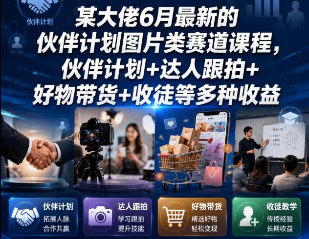 某大佬6月最新的伙伴计划图片类赛道课程，伙伴计划+达人跟拍+好物带货+收徒等多种收益-dabaowz