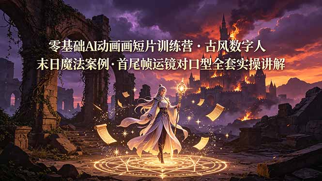 零基础AI动画短片训练营，古风数字人末日魔法案例，首尾帧运镜对口型全套实操讲解-dabaowz
