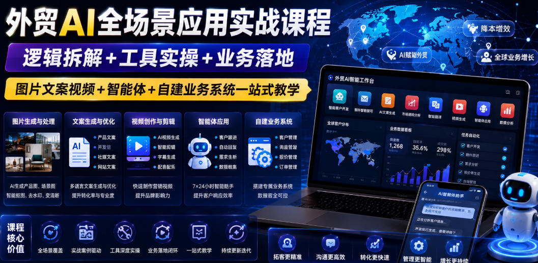 外贸AI全场景应用实战课程｜逻辑拆解+工具实操+业务落地，图片文案视频+智能体+自建业务系统一站式教学-dabaowz