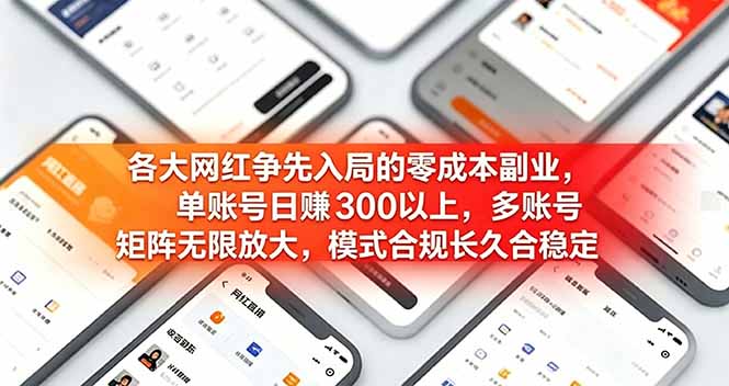 各大网红争先入局的零成本副业，单账号日赚 300 以上，多号矩阵可放大，模式合规长久稳定！-dabaowz