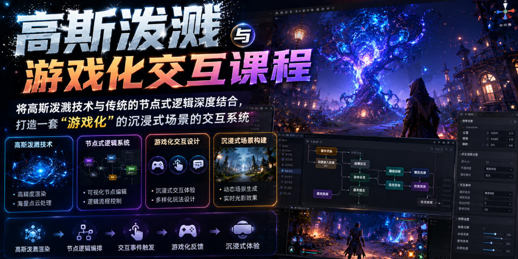 高斯泼溅与游戏化交互课程，将高斯泼溅技术与传统的节点式逻辑深度结合，打造一套“游戏化”的沉浸式场景的交互系统-dabaowz