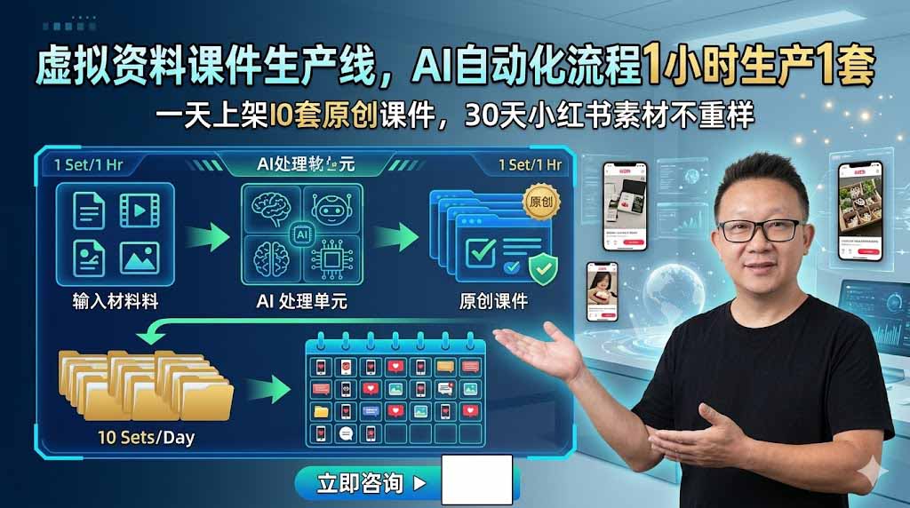 虚拟资料课件生产线，AI自动化流程1小时生产1套，一天上架10套原创课件，30天小红书素材不重样-dabaowz