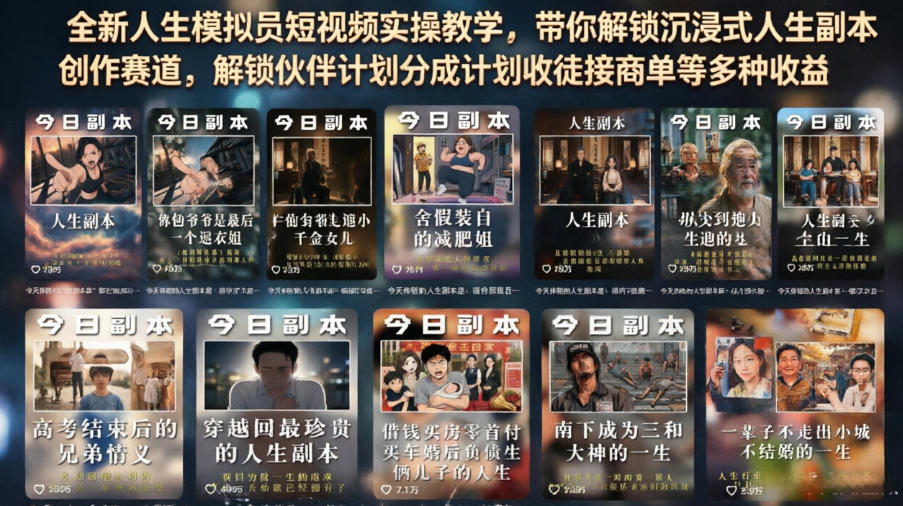 全新人生模拟员短视频实操教学，带你解锁沉浸式人生副本创作赛道，解锁伙伴计划分成计划收徒接商单等多种收益-dabaowz