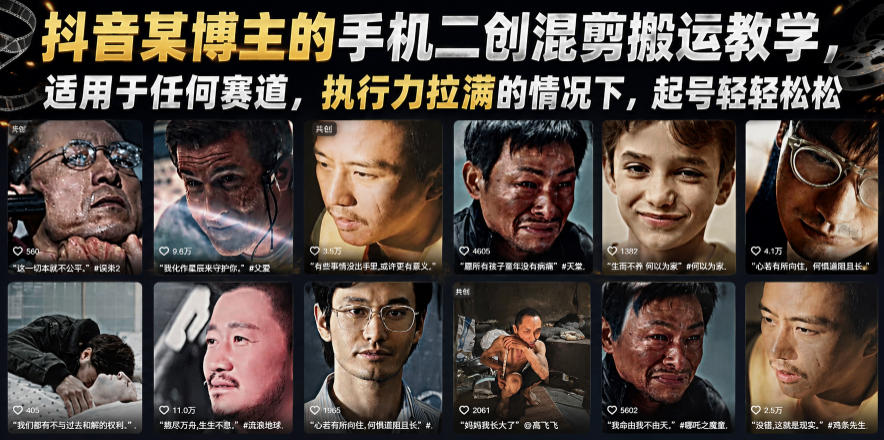 抖音某博主的手机二创混剪搬运教学，适用于任何赛道，执行力拉满的情况下，起号轻轻松松-dabaowz