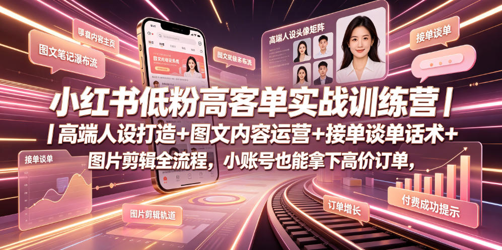 小红书低粉高客单实战训练营｜高端人设打造+图文内容运营+接单谈单话术+图片剪辑全流程，小账号也能拿下高价订单-dabaowz