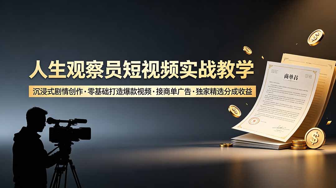 人生观察员短视频实战教学，沉浸式剧情创作，零基础打造爆款视频，接商单广告，独家精选分成收益-dabaowz
