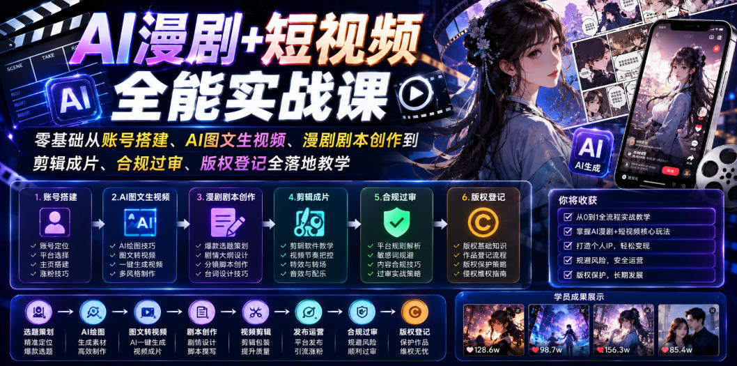 AI漫剧+短视频全能实战课|零基础从账号搭建、AI图文生视频、漫剧剧本创作到剪辑成片、合规过审、版权登记全落地教学-dabaowz