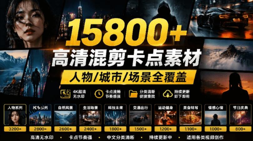 【影视剪辑素材合集】15800+高清混剪卡点｜热门影视精彩片段｜人物/城市/场景全覆盖，中文分类清晰-dabaowz