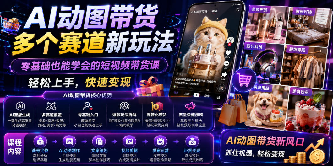 AI动图带货多个赛道新玩法，零基础也能学会的短视频带货课，轻松上手，快速变现-dabaowz