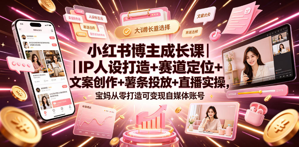 小红书博主成长课｜IP人设打造+赛道定位+文案创作+薯条投放+直播实操，宝妈从零打造可变现自媒体账号-dabaowz