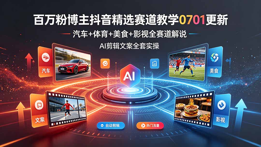 百万粉博主抖音精选赛道教学-0701更新，汽车+体育+美食+影视全赛道解说，AI剪辑文案全套实操-dabaowz
