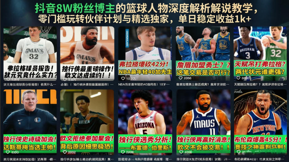 抖音8W粉丝博主的篮球人物深度解析解说教学，零门槛玩转伙伴计划与精选独家，单日稳定收益1k+-dabaowz