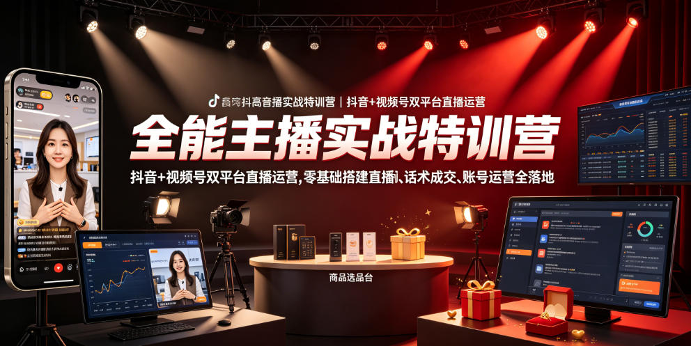 全能主播实战特训营｜抖音+视频号双平台直播运营，零基础搭建直播间、精准选品、话术成交、账号运营全落地-dabaowz