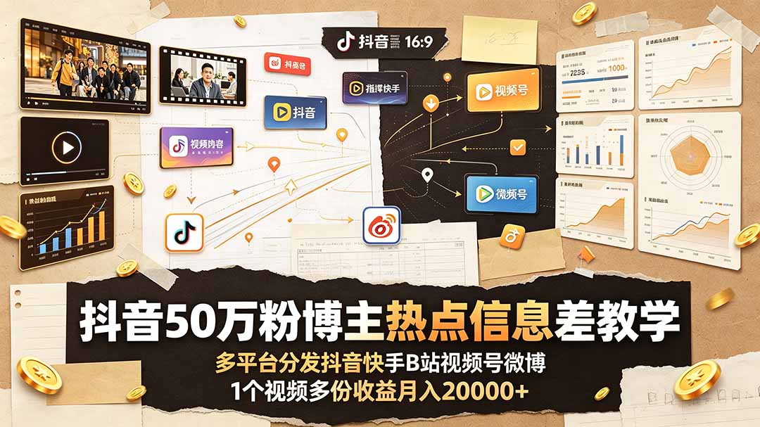 抖音50万粉博主热点信息差教学：多平台分发抖音快手B站视频号微博，1个视频多份收益月入20000+-dabaowz