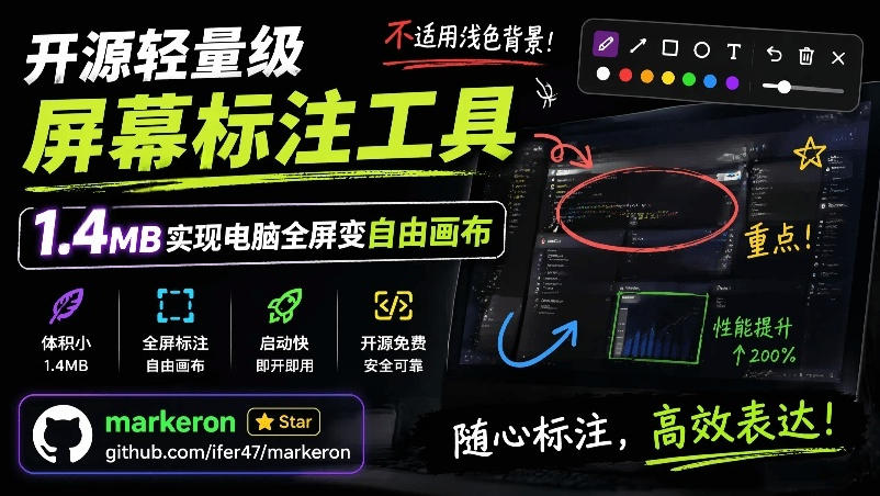 开源轻量级屏幕标注工具，1.4MB实现电脑全屏变自由画布！支持8种标注工具和全键盘操控MarkerOn-dabaowz