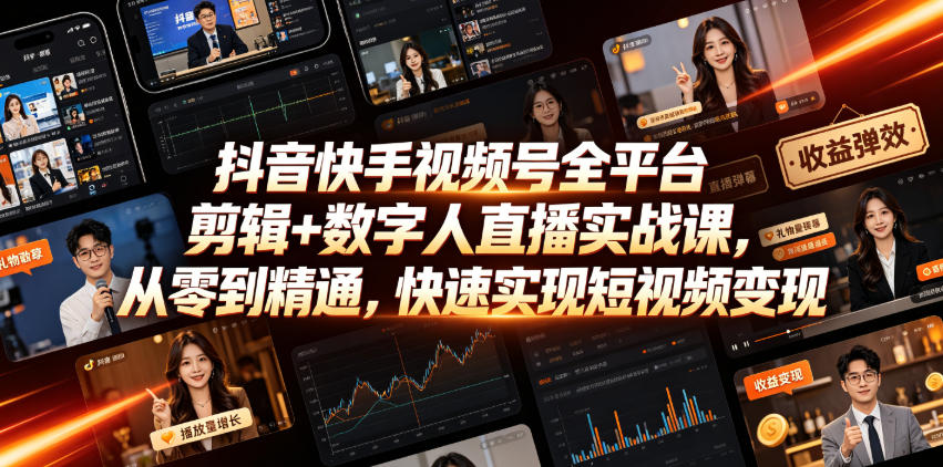 抖音快手视频号全平台剪辑+数字人直播实战课，从零到精通，快速实现短视频变现(更新2026年6月)​-dabaowz