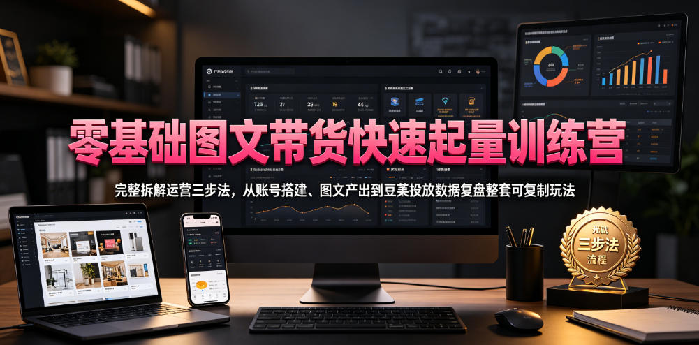 零基础图文带货快速起量训练营，完整拆解运营三步法，从账号搭建、图文产出到豆荚投放数据复盘整套可复制玩法-dabaowz