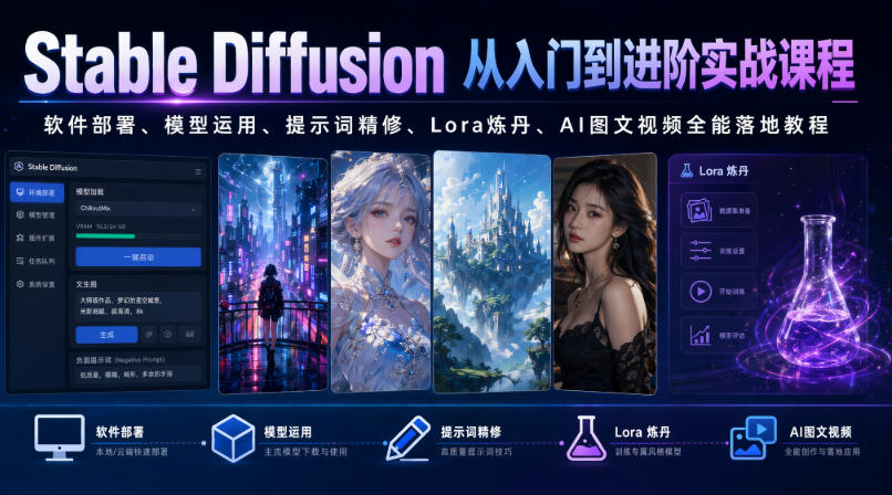 Stable Diffusion从入门到进阶实战课程｜软件部署、模型运用、提示词精修、Lora炼丹、AI图文视频全能落地教程-dabaowz