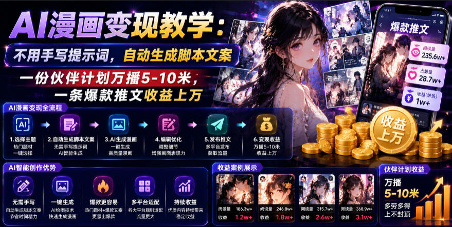 AI漫画变现教学：不用手写提示词，自动生成脚本文案，一份伙伴计划万播5-10米，一条爆款推文收益上W-dabaowz