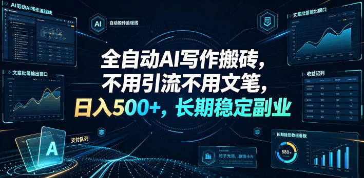 全自动AI写作搬砖，不用引流不用文笔，日入500+，长期稳定副业【揭秘】-dabaowz