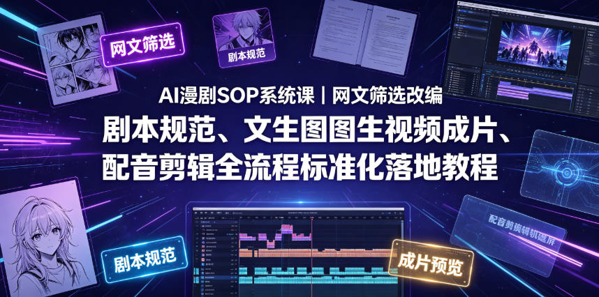 AI漫剧SOP系统课｜网文筛选改编、剧本规范、文生图图生视频成片、配音剪辑全流程标准化落地教程-dabaowz