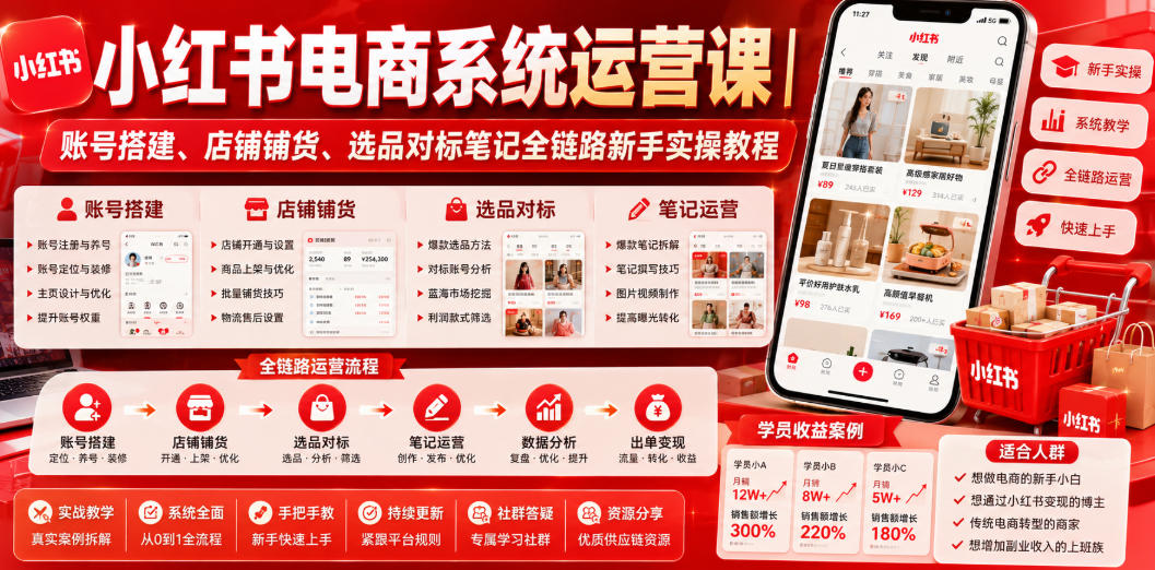 小红书电商系统运营课｜账号搭建、店铺铺货、选品对标笔记全链路新手实操教程-dabaowz