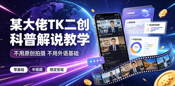 某大佬TK二创科普解说教学，不用原创拍摄不用外语基础，零基础做TikTok中视频稳定变现-dabaowz