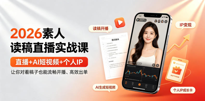 2026素人读稿直播实战课｜直播+AI短视频+个人IP，让你对着稿子也能流畅开播、高效出单-dabaowz
