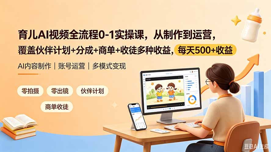 育儿AI视频全流程0-1实操课，从制作到运营，覆盖伙伴计划+分成+商单+收徒多种收益，每天500+收益-dabaowz