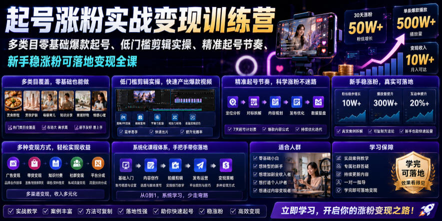 苗子起号涨粉实战变现训练营，多类目零基础爆款起号、精准起号节奏、新手稳涨粉可落地变现全课-dabaowz