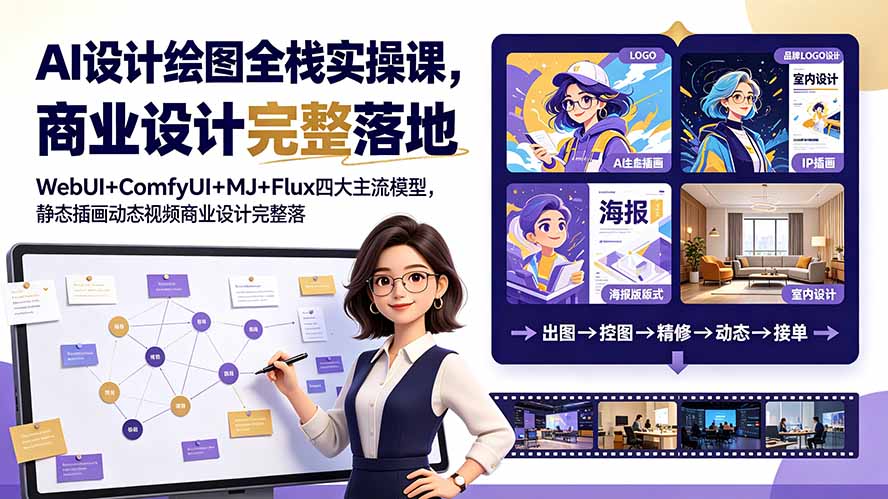 AI设计绘图全栈实操课，WebUI+ComfyUI+MJ+Flux四大主流模型，静态插画动态视频商业设计完整落地教程-dabaowz