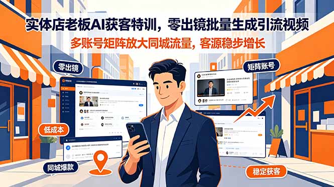 实体店老板AI获客特训，零出镜批量生成引流视频，多账号矩阵放大同城流量，客源稳步增长-dabaowz