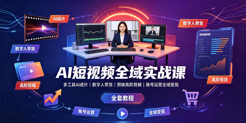 AI短视频全域实战课｜多工具AI成片、数字人带货、剪映高阶剪辑、账号运营全域变现全套教程-dabaowz