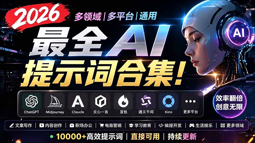 2026最全AI提示词合集！多领域多平台通用，涵盖AI绘画、电商主图、爆款文案，脚本创作等-dabaowz