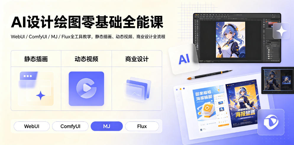 AI设计绘图零基础全能课｜WebUI/ComfyUI/MJ/Flux全工具教学，静态插画、动态视频、商业设计全流程-dabaowz