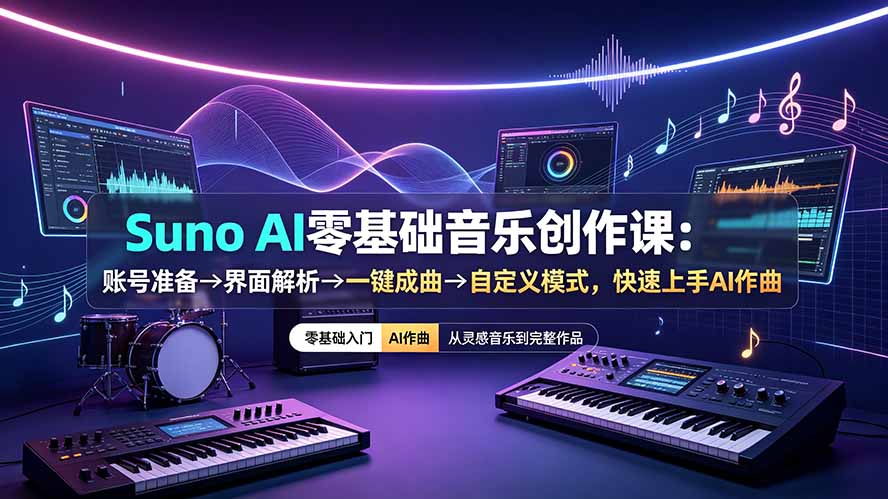 Suno AI零基础音乐创作课：账号准备→界面解析→一键成曲→自定义模式，快速上手AI作曲-dabaowz