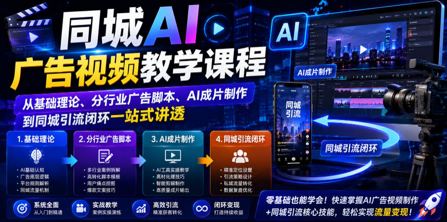 同城AI广告视频教学课程，从基础理论、分行业广告脚本、AI成片制作到同城引流闭环一站式讲透-dabaowz