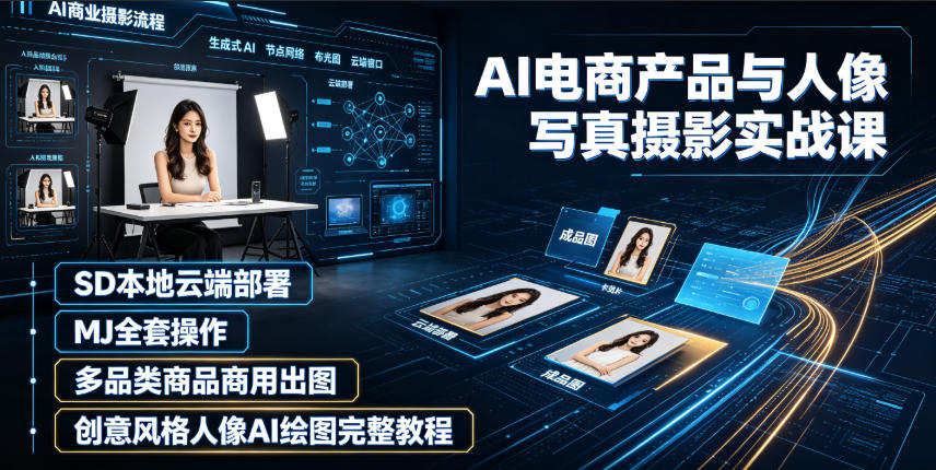 AI电商产品与人像写真摄影实战课｜SD本地云端部署、MJ全套操作、多品类商品商用出图、创意风格人像AI绘图完整教程-dabaowz