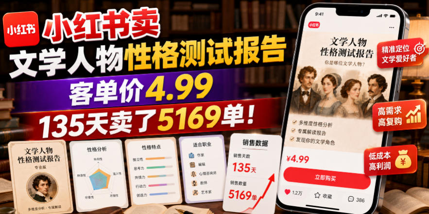 小红书卖文学人物性格测试报告，客单价4.99，135天卖了5169单！-dabaowz